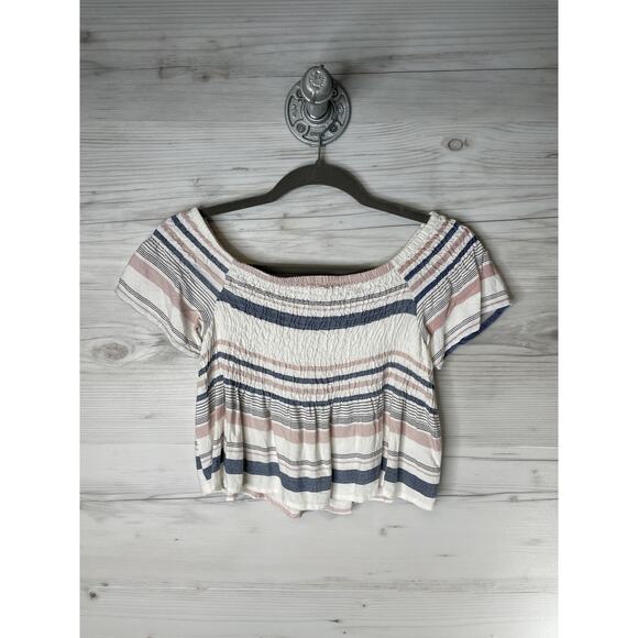 Style Envy Shirt Womens Medium White Blue Striped Smocked Crop Top Off Shoulder - Picture 1 of 9